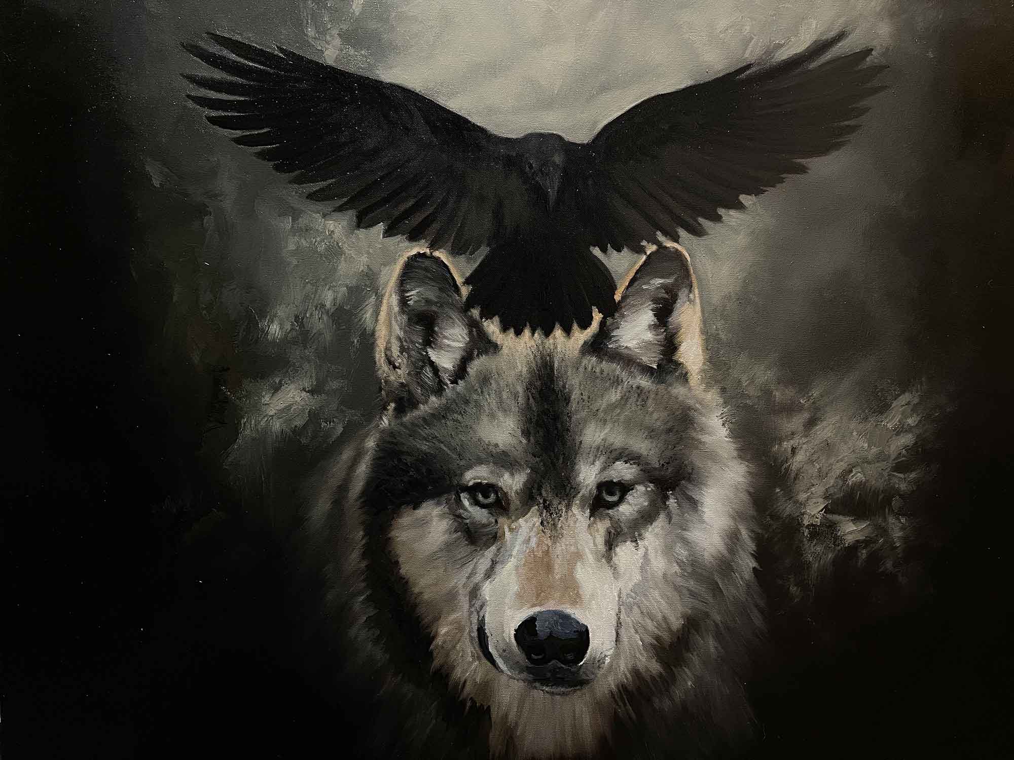 Wolf and Raven Oil Painting Portrait